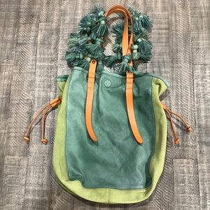 Anthro Two Tone Green Leather Tassel Bucket Bag